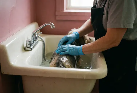 Un professionnel en gants rince minutieusement un chien pelucheux sous l'eau courante dans un lavabo professionnel pour une toilette canine.