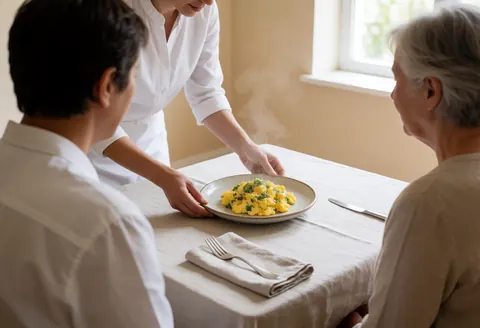 Un serveur présente une assiette d'œufs brouillés aux herbes à deux clients installés à une table dressée, éclairage naturel et vapeur s'élevant du plat.