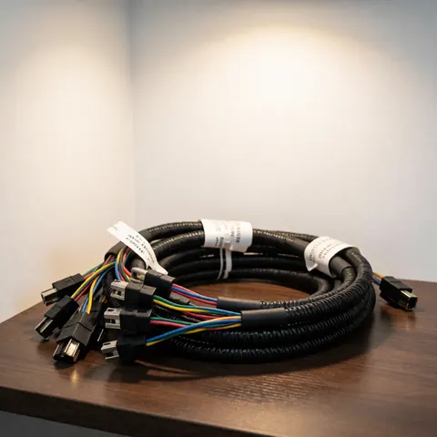 Câblage électrique pour automobile présentant des connecteurs métalliques, un isolant noir et des étiquettes, posé sur une surface en bois sombre contre un fond blanc éclairé de manière chaleureuse.