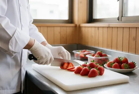 Des fruits frais sont préparés avec soin pour un service de restauration.
