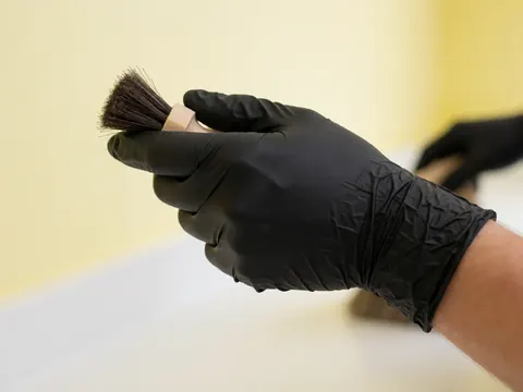 Une main portant un gant noir tient un pinceau sur fond jaune clair, image professionnelle pour services de nettoyage et entretien.