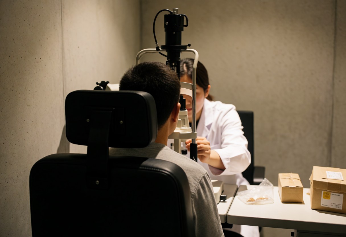 Un optométriste effectue un examen de la vue sur un patient assis dans une salle de consultation.