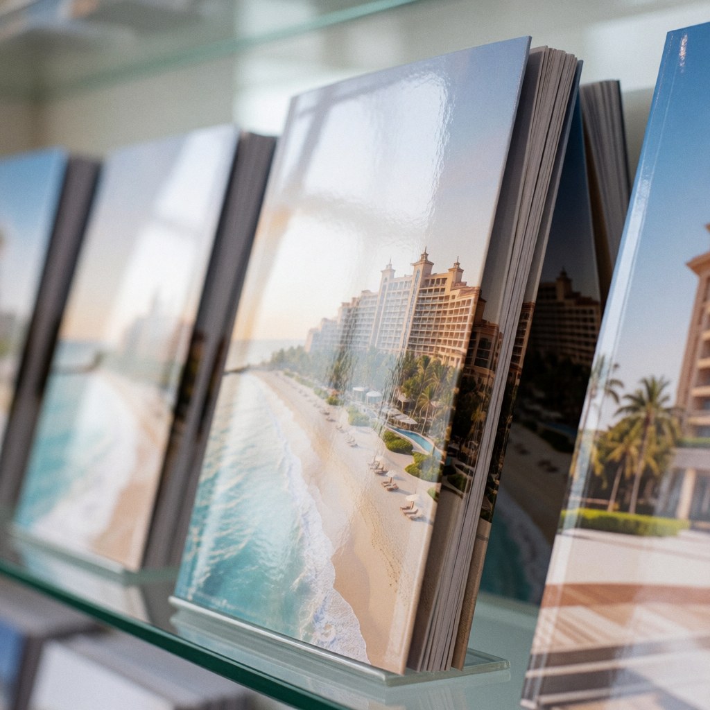 Une brochure publicitaire pour un hôtel de luxe posée sur une étagère en verre près d'une fenêtre avec vue sur la plage et les palmiers.