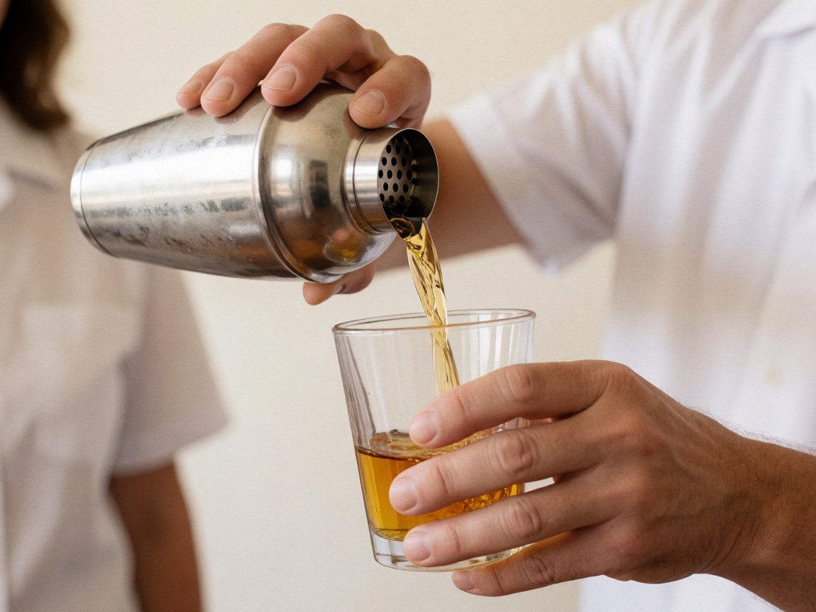Gros plan sur la main d'un bartender professionnel versant un alcool clair depuis un shaker en métal dans un verre transparent sur fond neutre.