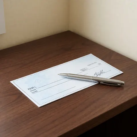 Un chèque blanc posé sur un bureau en bois foncé avec un stylo argenté à côté, évoquant la comptabilité et les finances.