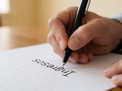 Une main adulte écrit le mot revenus sur une feuille quadrillée posée sur un bureau en bois avec un stylo noir sous éclairage naturel.