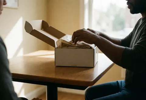 Vue rapprochée des mains d'une personne qui ouvre une boîte en carton posée sur une table en bois clair, dans un intérieur lumineux.