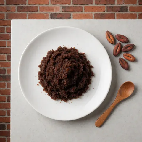 Un exfoliant au cacao est présenté dans une assiette blanche posée sur une surface grise, accompagné de grains de cacao et d'une cuillère en bois, avec un fond de briques rouges.