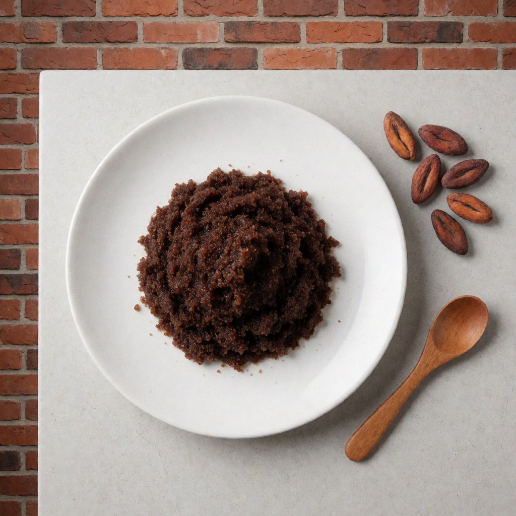 Un exfoliant au cacao est présenté dans une assiette blanche posée sur une surface grise, accompagné de grains de cacao et d'une cuillère en bois, avec un fond de briques rouges.