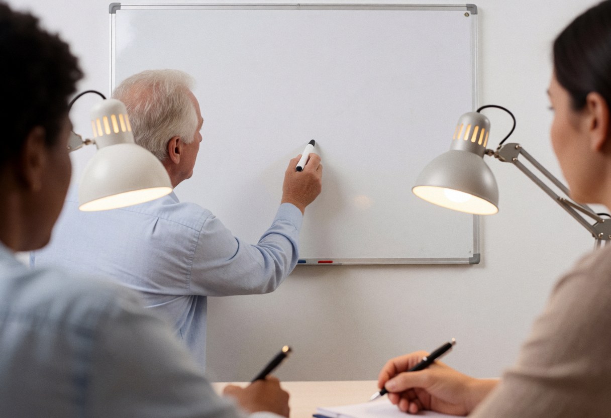 Un tuteur écrit sur un tableau blanc pendant que deux étudiants prennent des notes avec des stylos sous l'éclairage de lampes de bureau dans une classe réaliste.