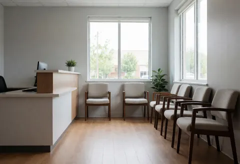 Vue latérale d'un intérieur de bureau avec un comptoir d'accueil, des chaises d'attente et des fenêtres laissant entrer la lumière naturelle.