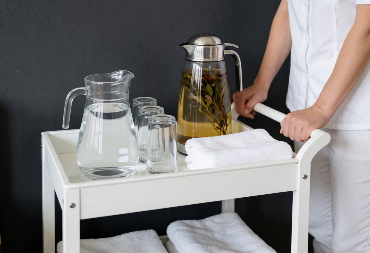 Chariot blanc contenant de l'eau, du thé et des serviettes, posé contre un mur gris anthracite, idéal pour un environnement de spa.