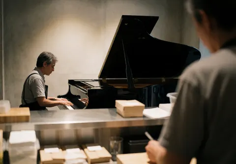 Un piano se détache sur le fond d'un établissement de type bar ou restaurant.