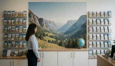 Agent de voyages professionnel debout devant une grande murale de montagne avec des brochures touristiques et un globe terrestre sur une table dans un bureau moderne.