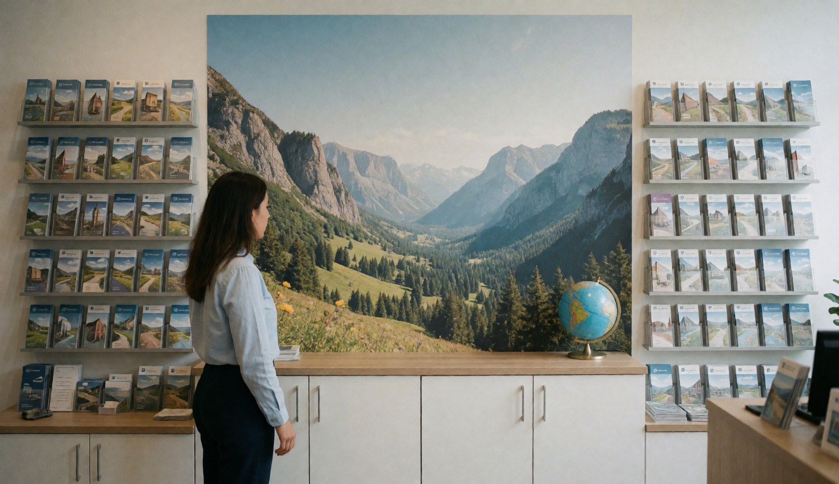 Agent de voyages professionnel debout devant une grande murale de montagne avec des brochures touristiques et un globe terrestre sur une table dans un bureau moderne.