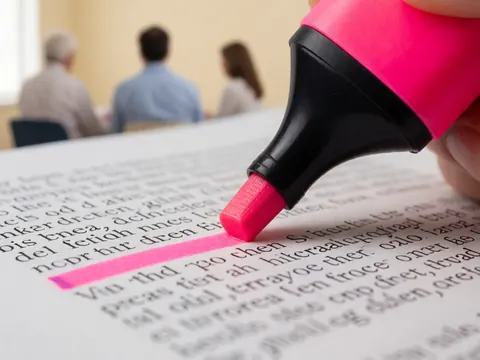 Premier plan d'un surligneur rose posé sur une feuille de papier contenant du texte écrit, dans un contexte universitaire.