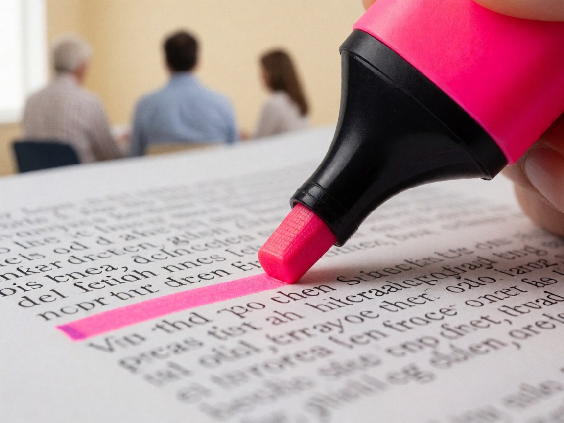 Premier plan d'un surligneur rose posé sur une feuille de papier contenant du texte écrit, dans un contexte universitaire.