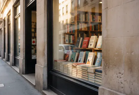Vue de la façade d'une librairie avec des livres disposés sur le sol devant l'entrée.