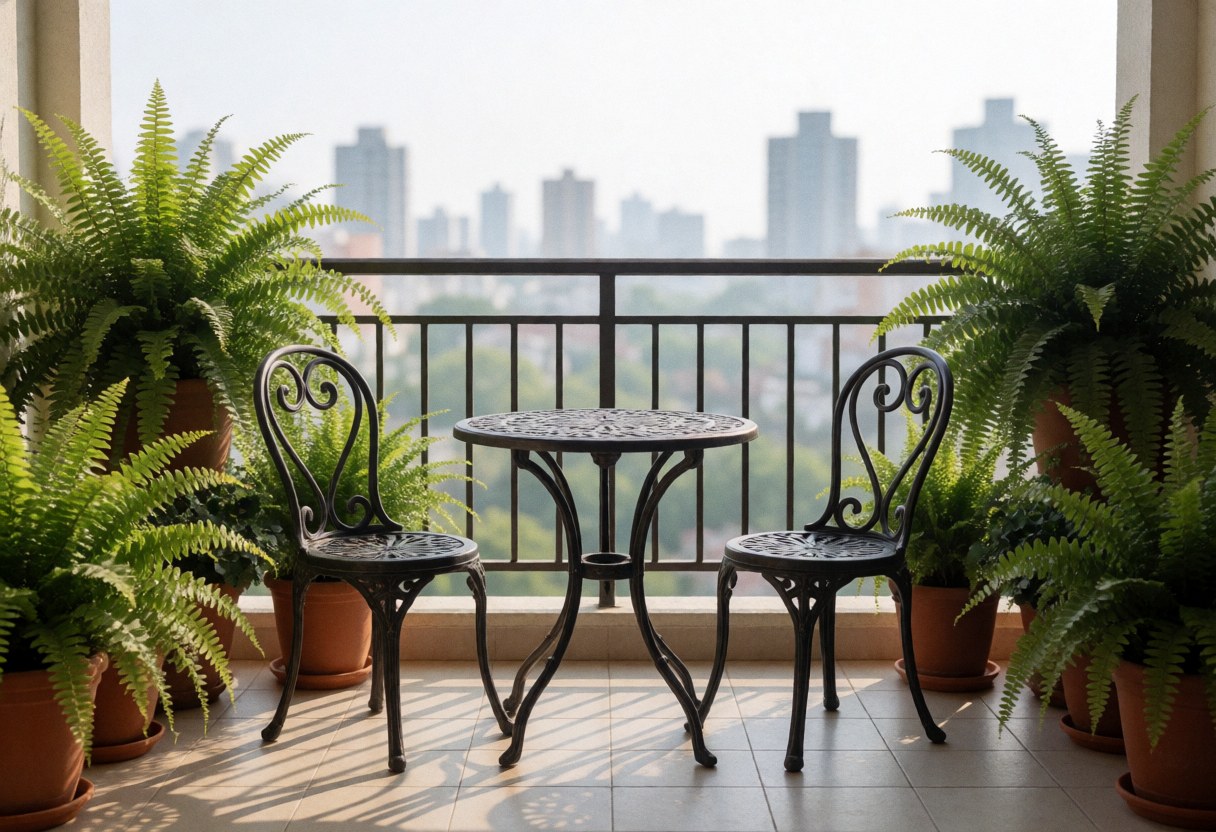 Une terrasse vide offrant une vue dégagée sur la ville, équipée d'une table et de chaises en fer forgé, ornée de plantes en pots, baignée de lumière matinale.