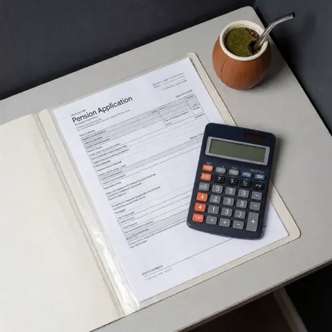 Vue de dessus d'un bureau d'avocat avec des documents juridiques, une calculatrice bleue et un mate traditionnel pour les démarches de retraite.