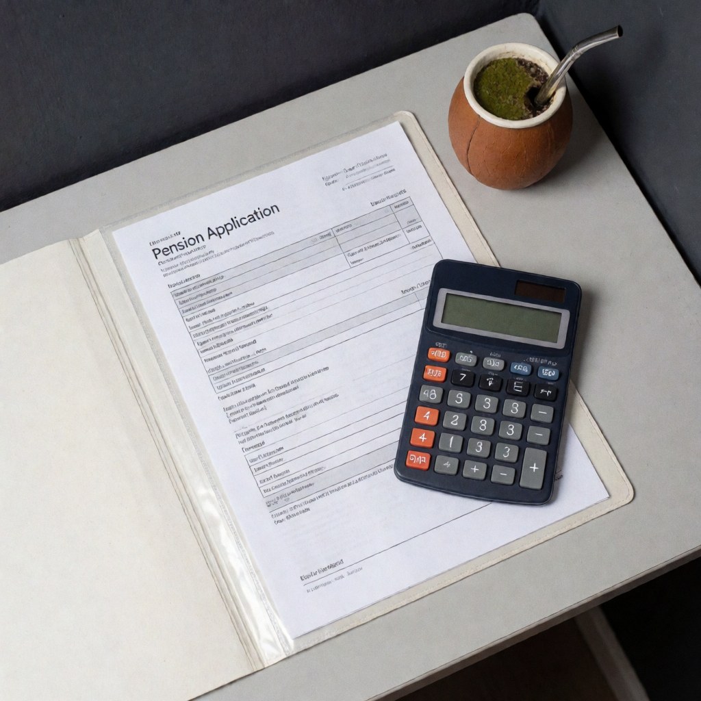 Vue de dessus d'un bureau d'avocat avec des documents juridiques, une calculatrice bleue et un mate traditionnel pour les démarches de retraite.