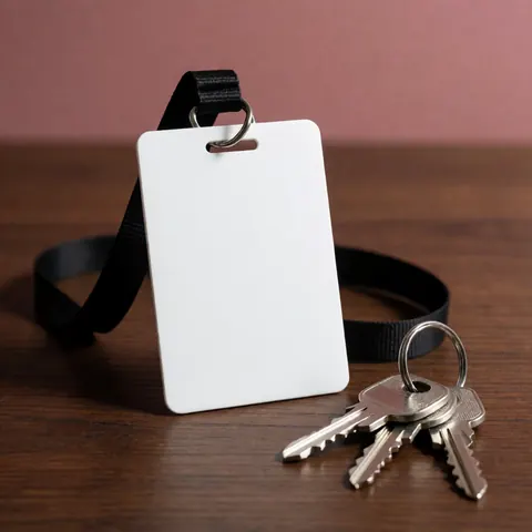 Un badge d'employé suspendu à une lanière est posé à côté de plusieurs clés métalliques sur une surface en bois clair, évoquant l'accès et la sécurité en entreprise.
