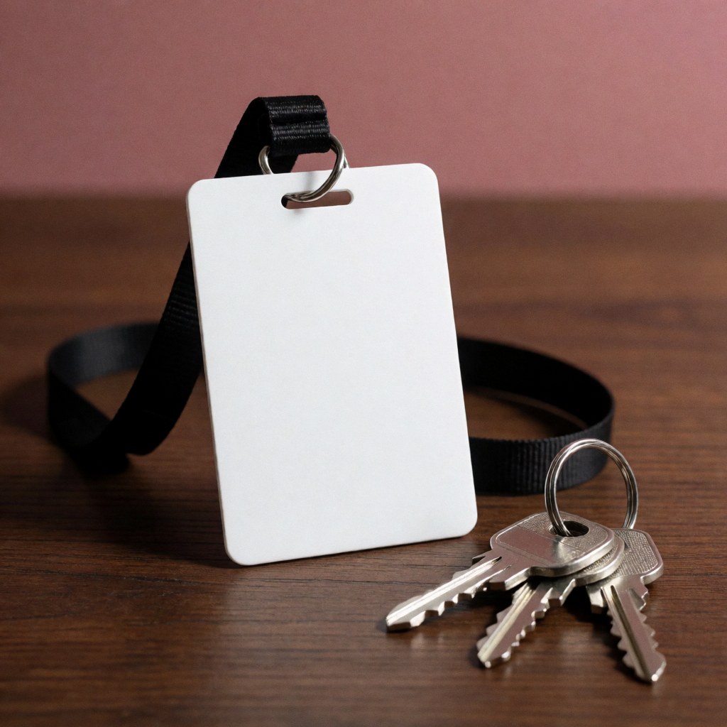 Un badge d'employé suspendu à une lanière est posé à côté de plusieurs clés métalliques sur une surface en bois clair, évoquant l'accès et la sécurité en entreprise.