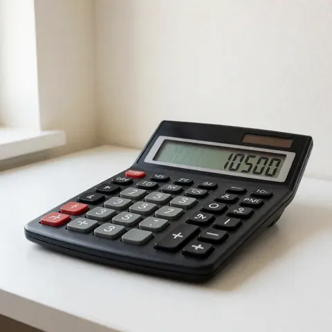 Calculatrice noire affichant 10500 sur un bureau blanc éclairé par la lumière naturelle d'une fenêtre, idéale pour la comptabilité et les finances.