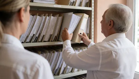 Un comptable consulte un classeur sur une étagère métallique remplie de documents dans un bureau aux murs terracotta et à la lumière naturelle.