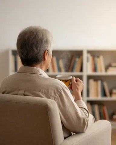 Une femme âgée profite d'un moment de calme avec une tasse de thé fumant dans un intérieur chaleureux.