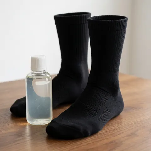 Gel de récupération et chaussettes de sport noires disposés sur une table en bois, produits adaptés aux massages thérapeutiques et à la rééducation sportive.