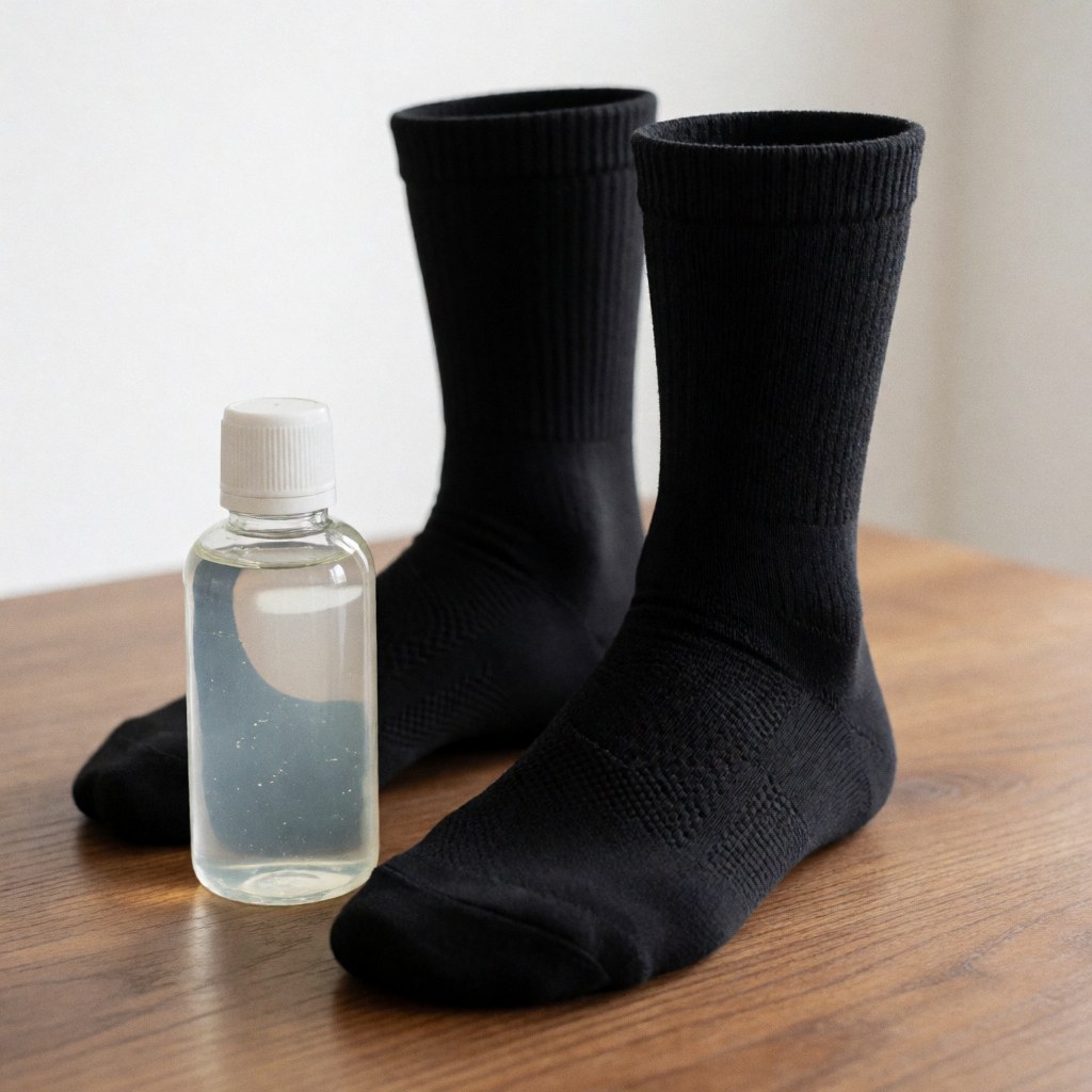 Gel de récupération et chaussettes de sport noires disposés sur une table en bois, produits adaptés aux massages thérapeutiques et à la rééducation sportive.