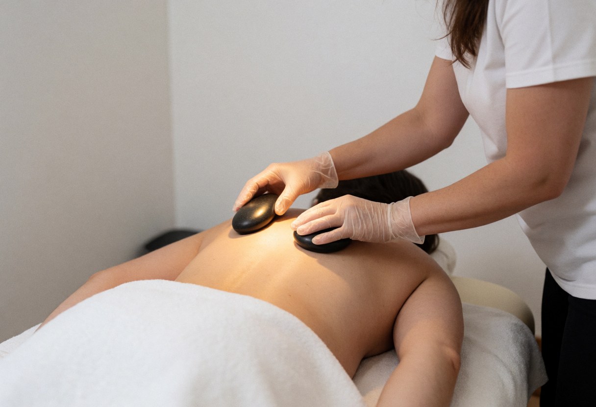 Des pierres noires chaudes posées sur le dos nu d'une personne allongée pendant une séance de massage thérapeutique dans un cadre apaisant.