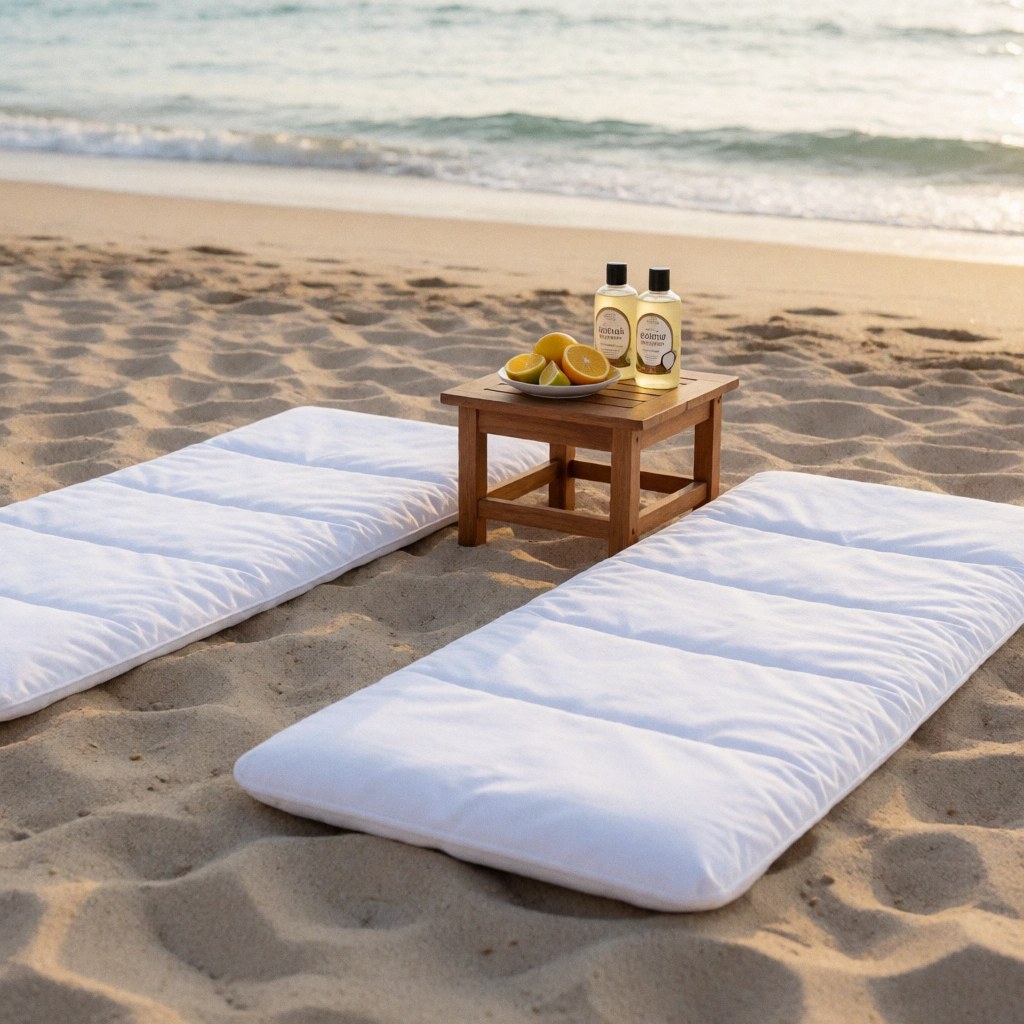 Deux tapis blancs pour massage thérapeutique posés sur le sable, accompagnés d'une table avec de l'huile de coco et des citrons, face à la mer.