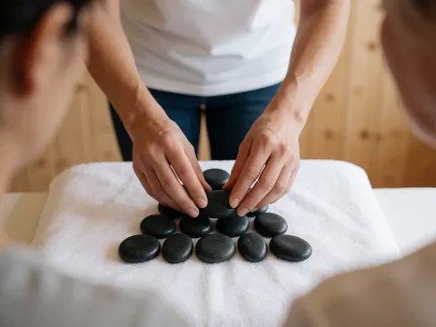 Des mains ajustant avec soin des pierres de massage chaudes sur une surface en bois, dans le cadre d'une séance de bien-être.