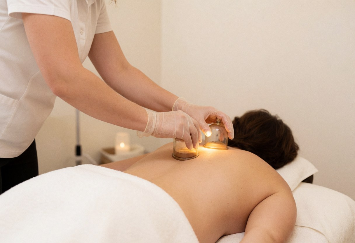 Un thérapeute effectue une séance de cupping sur le dos nu d'un client allongé sur une table de massage dans un cadre intérieur lumineux et apaisant.