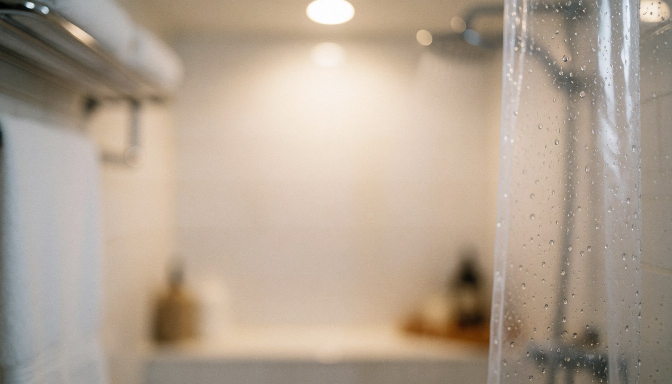 Arrière-plan doux et chaleureux d'une salle de bain avec une serviette suspendue, évoquant le bien-être et la relaxation.