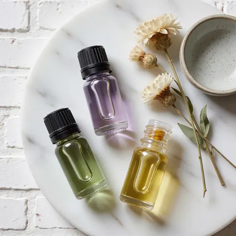 Trois flacons d'huiles essentielles, fleurs séchées et un bol sur une surface en marbre blanc, éclairage naturel, idéal pour les produits de massage thérapeutique.