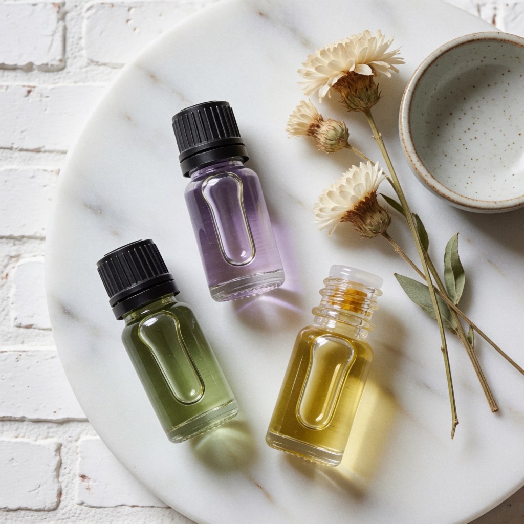 Trois flacons d'huiles essentielles, fleurs séchées et un bol sur une surface en marbre blanc, éclairage naturel, idéal pour les produits de massage thérapeutique.
