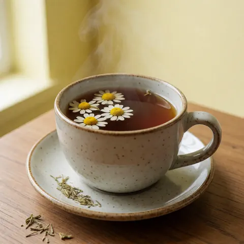 Une tasse en céramique contenant du thé à la camomille dégageant de la vapeur, posée sur une soucoupe en bois devant un mur jaune. Ambiance naturelle et relaxante.