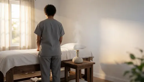 Thérapeute en uniforme gris préparant une table de massage avec de la vapeur, lumière naturelle par la fenêtre, ambiance sereine et professionnelle.