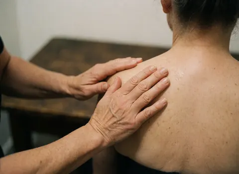 Mains du thérapeute massant l'épaule du client avec de l'huile sur fond bois sombre.