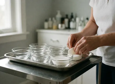 Vue détaillée d'un plateau en acier inoxydable contenant des sachets de coton et divers produits de préparation pour massages et soins corporels.