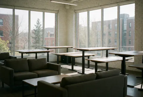 Un espace de coworking lumineux et vide, équipé de tables et chaises, offrant une vue sur des bâtiments et arbres à travers de grandes fenêtres. Murs en briques blanches.