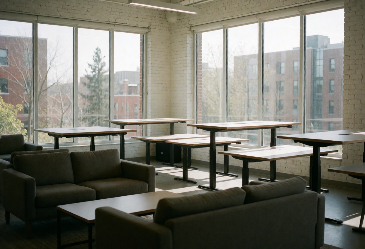 Un espace de coworking lumineux et vide, équipé de tables et chaises, offrant une vue sur des bâtiments et arbres à travers de grandes fenêtres. Murs en briques blanches.