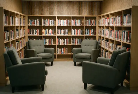 Un coin lecture confortable dans un espace de coworking moderne, doté de fauteuils gris, d'étagères en bois clair et de livres organisés.