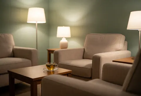 Intérieur d'une salle de massage inoccupée, équipée de fauteuils confortables, d'une table, de lampes et de rideaux, créant une ambiance apaisante.