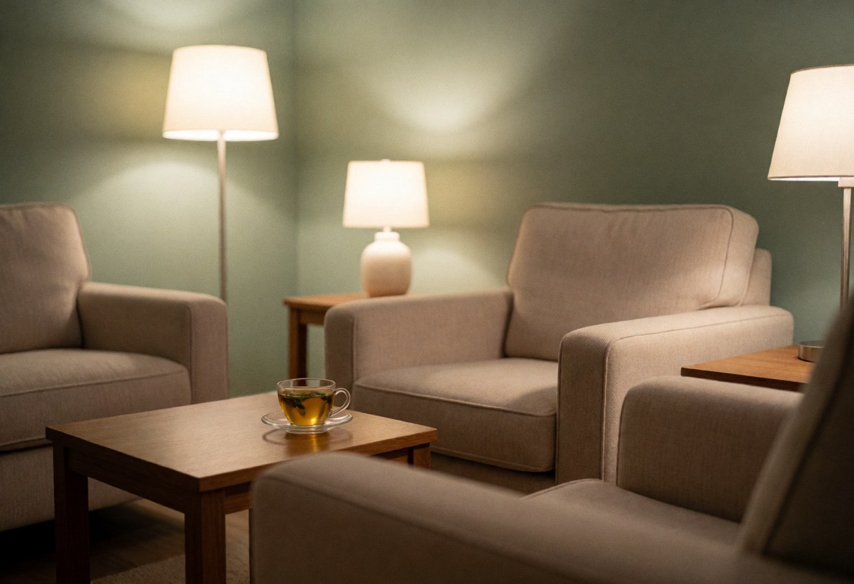 Intérieur d'une salle de massage inoccupée, équipée de fauteuils confortables, d'une table, de lampes et de rideaux, créant une ambiance apaisante.