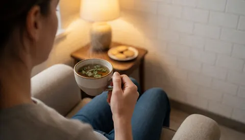 Une personne assise sur une chaise tenant une tasse de thé chaud, entourée de murs carrelés blancs et d'une lumière douce créant une ambiance relaxante.