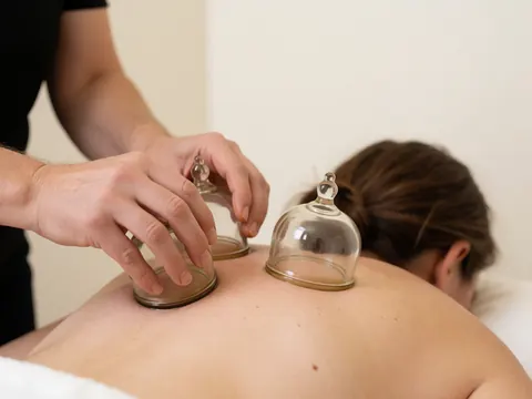 Des coupes de verre posées sur la peau, illustrant la thérapie par ventouses pour le bien-être et la relaxation.